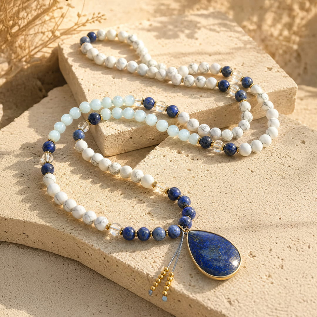 Collier Mala "Sérénité Bleue" en Lapis-Lazuli, Aigue-Marine & Howlite - Collier Mala seul - L'Arbre des Chakras
