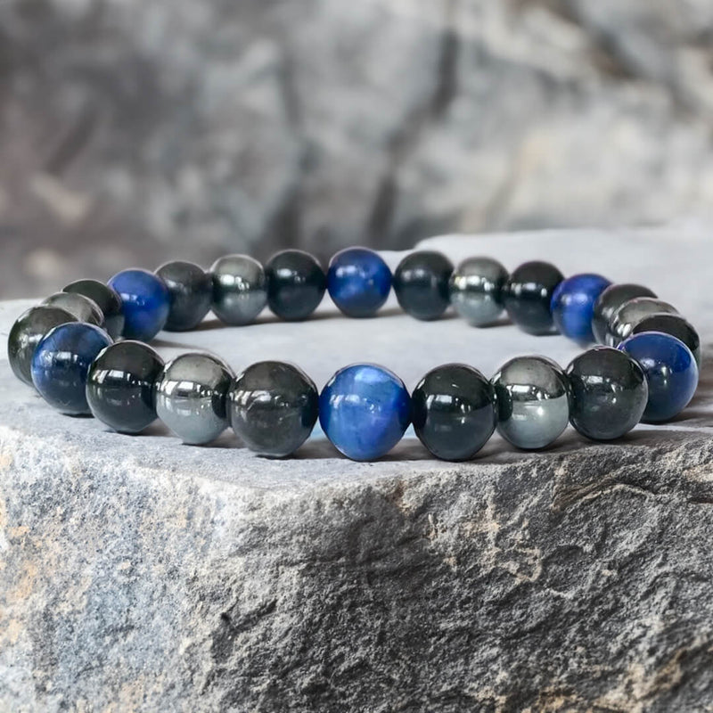 Bracelet &quot;Guidance Intérieure&quot; en Hématite, Tourmaline Noire &amp; Oeil de Tigre Bleu - 17cm - L&#39;Arbre des Chakras