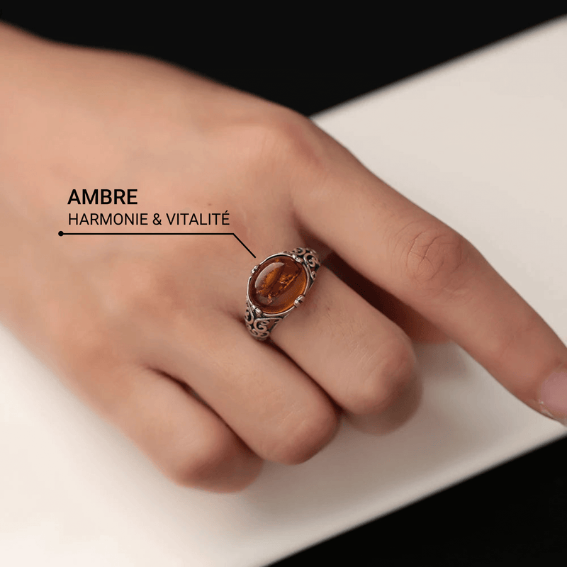 Bague Ajustable "Éclat Solaire" en Ambre & Argent - - L'Arbre des Chakras