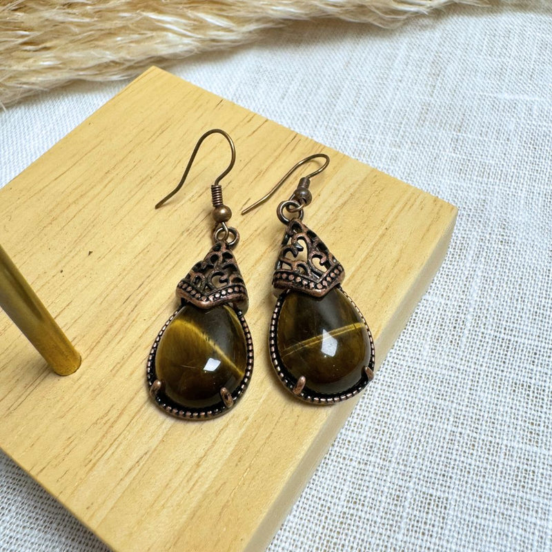 Boucles d&#39;Oreilles Style Vintage en Pierre Naturelle - Tiger eye - L&#39;Arbre des Chakras