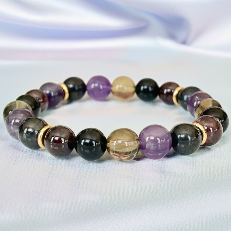 Bracelet &quot;Harmonie &amp; Protection&quot; en Shungite, Quartz Fumé, Améthyste &amp; Grenat - 17cm - L&#39;Arbre des Chakras