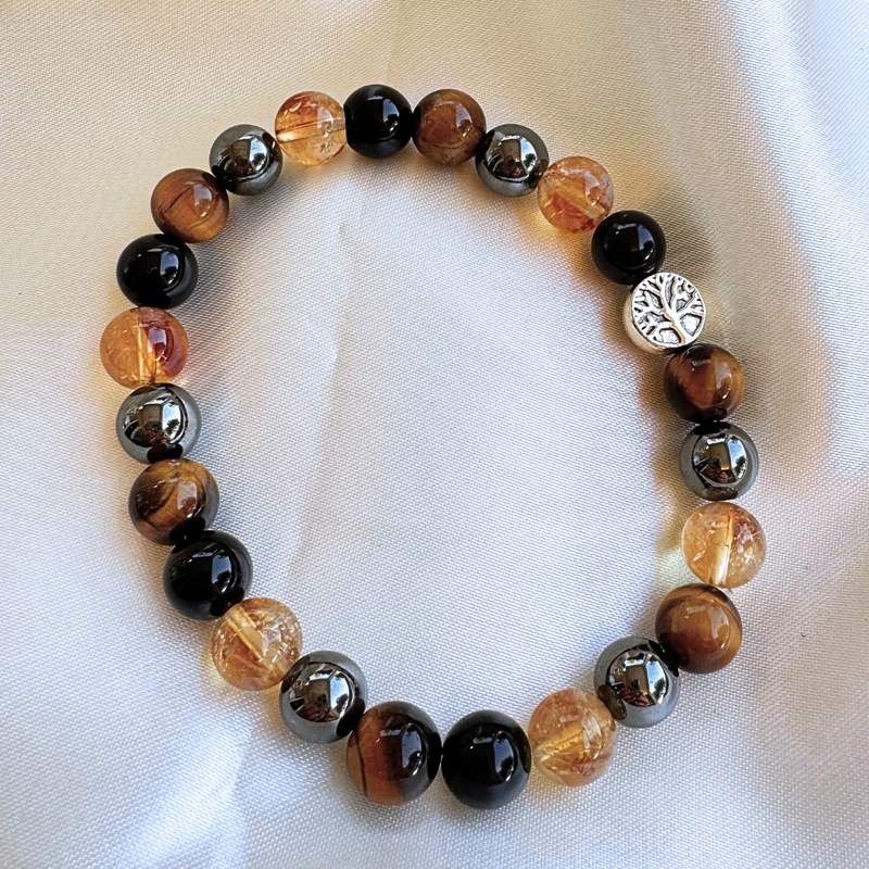 Bracelet "Force & Lumière" en Oeil de Tigre, Citrine, Hématite & Obsidienne - 17cm - L'Arbre des Chakras