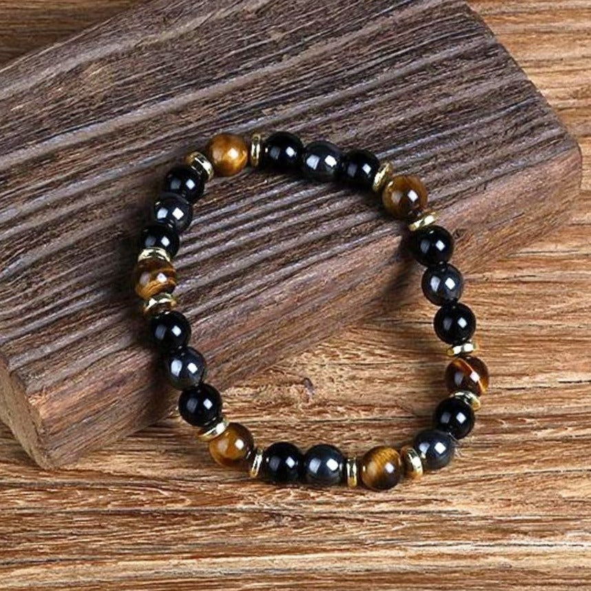 Bracelet "Confiance & Protection" en Oeil de Tigre, Hématite & Onyx - 6mm / 19cm - L'Arbre des Chakras