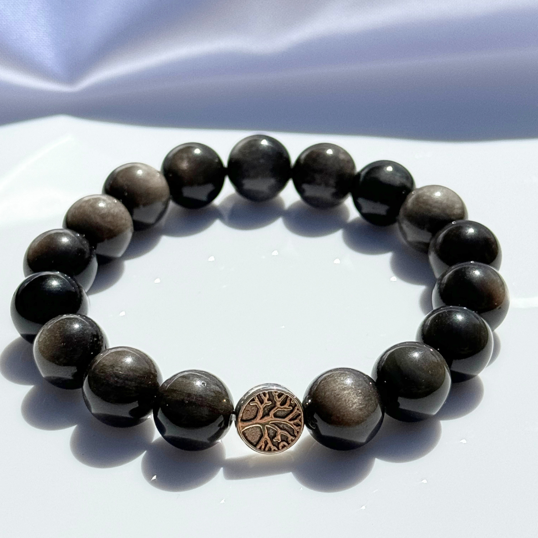 Bracelet "Protection & Transformation" en Obsidienne Argentée - 17cm - L'Arbre des Chakras