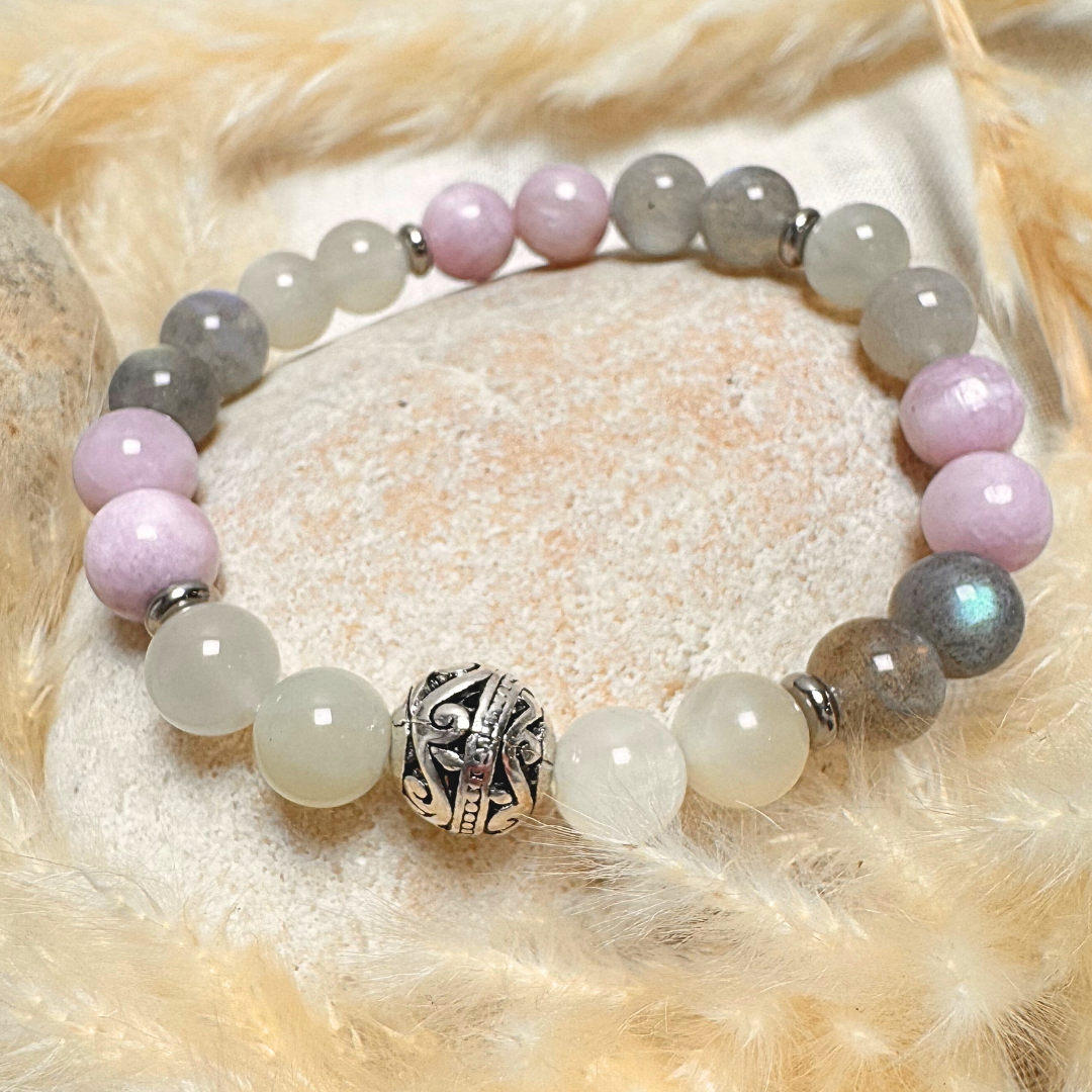 Bracelet Premium "Énergie Féminine" en Labradorite, Pierre de Lune & Kunzite - 17cm - L'Arbre des Chakras