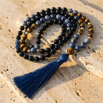 Collier Mala en Sodalite, Œil de Tigre & Onyx Noir - - L'Arbre des Chakras