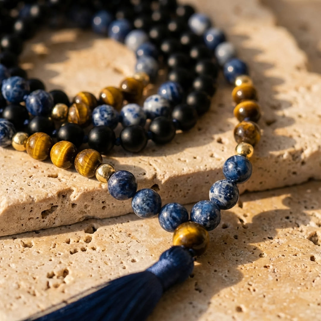 Collier Mala "Bouclier Intérieur" en Sodalite, Œil de Tigre & Onyx Noir - - L'Arbre des Chakras