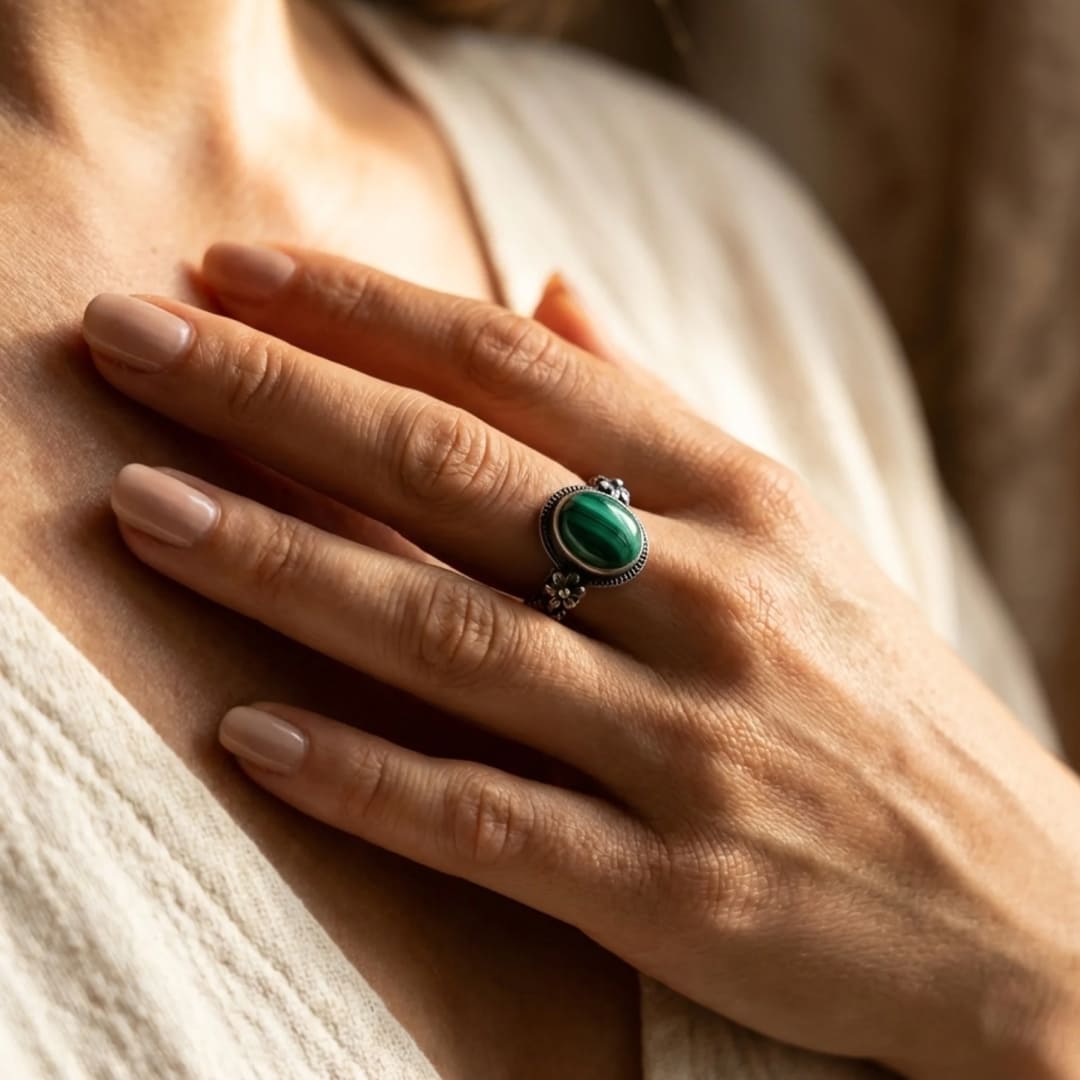 Bague "Fleur de Protection" en Malachite - - L'Arbre des Chakras