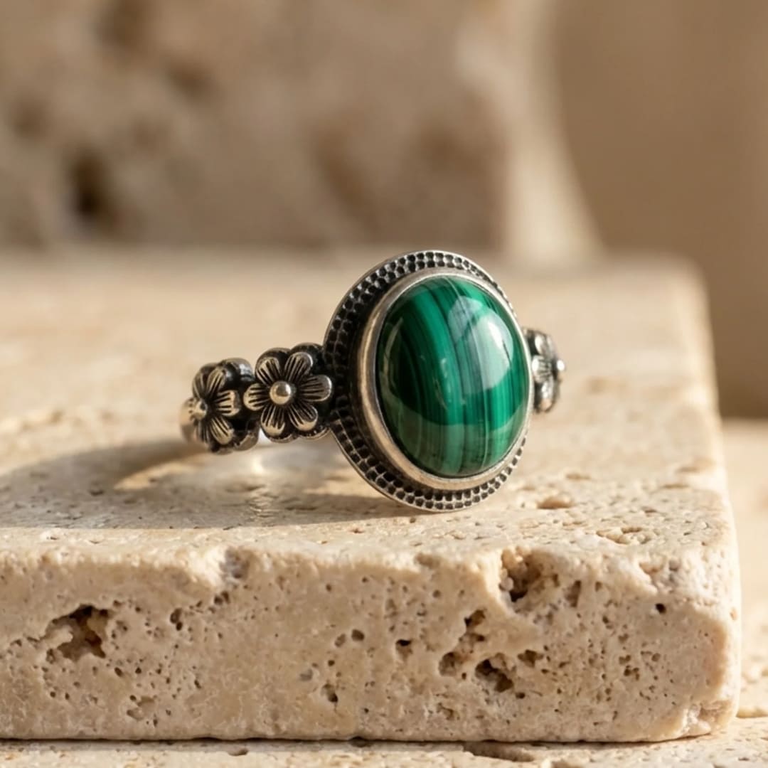 Bague "Fleur de Protection" en Malachite - - L'Arbre des Chakras