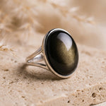 Bague Ajustable "Aura" en Obsidienne Dorée - - L'Arbre des Chakras