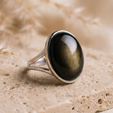 Bague Ajustable "Aura" en Obsidienne Dorée - - L'Arbre des Chakras
