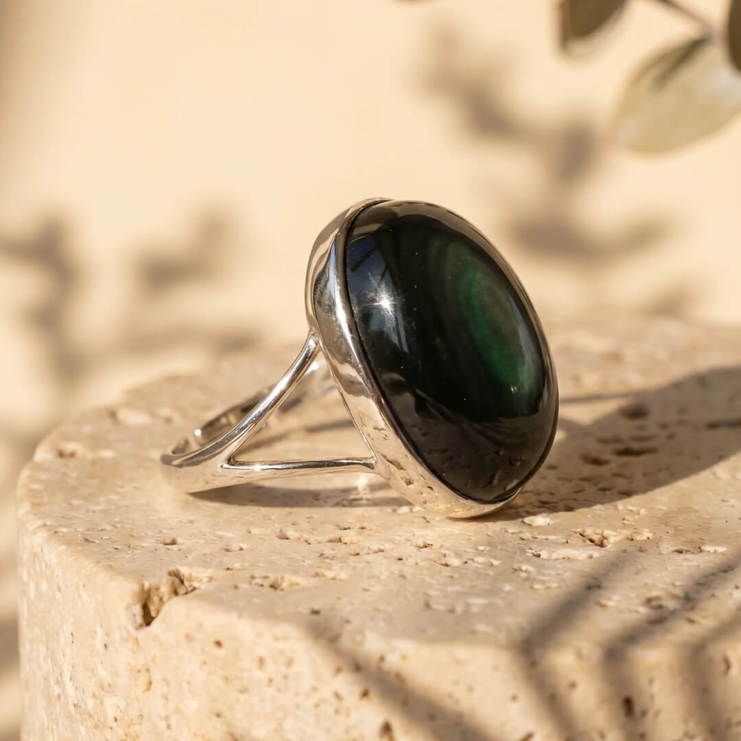 Bague Ajustable "Éveil de L'Âme" en Obsidienne Œil Céleste - - L'Arbre des Chakras