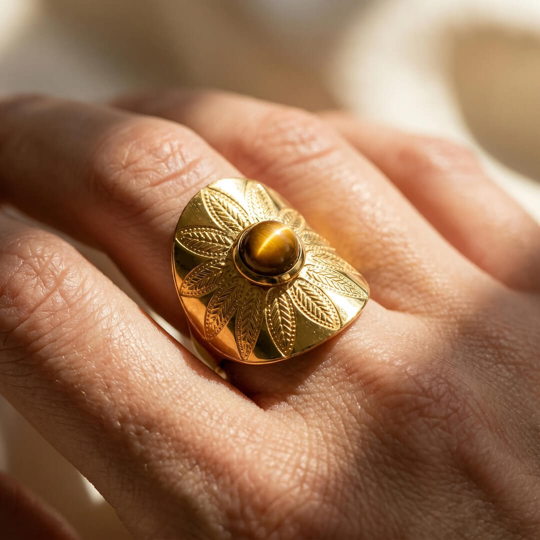 Bague “Mandala Protecteur” en Œil de Tigre - - L'Arbre des Chakras