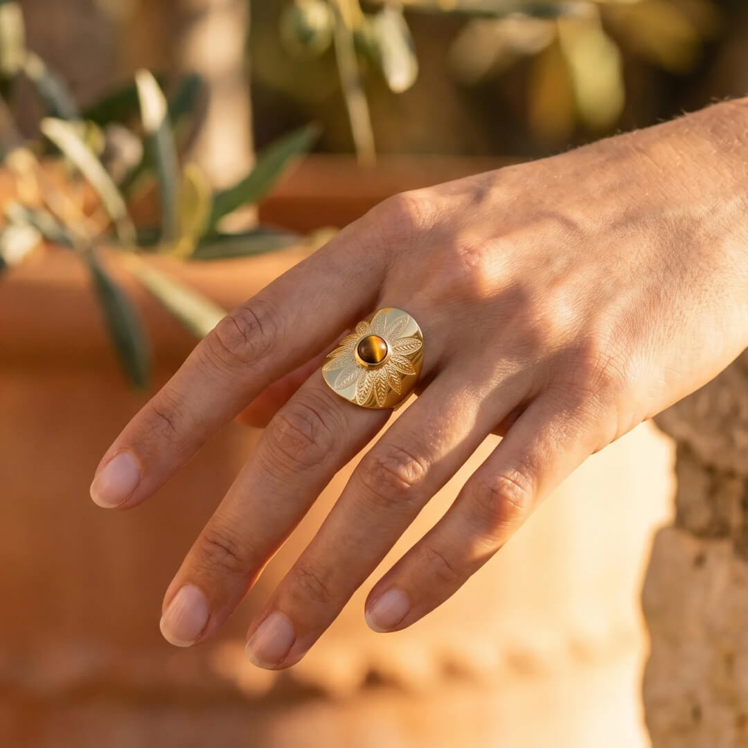 Bague “Mandala Protecteur” en Œil de Tigre - - L'Arbre des Chakras