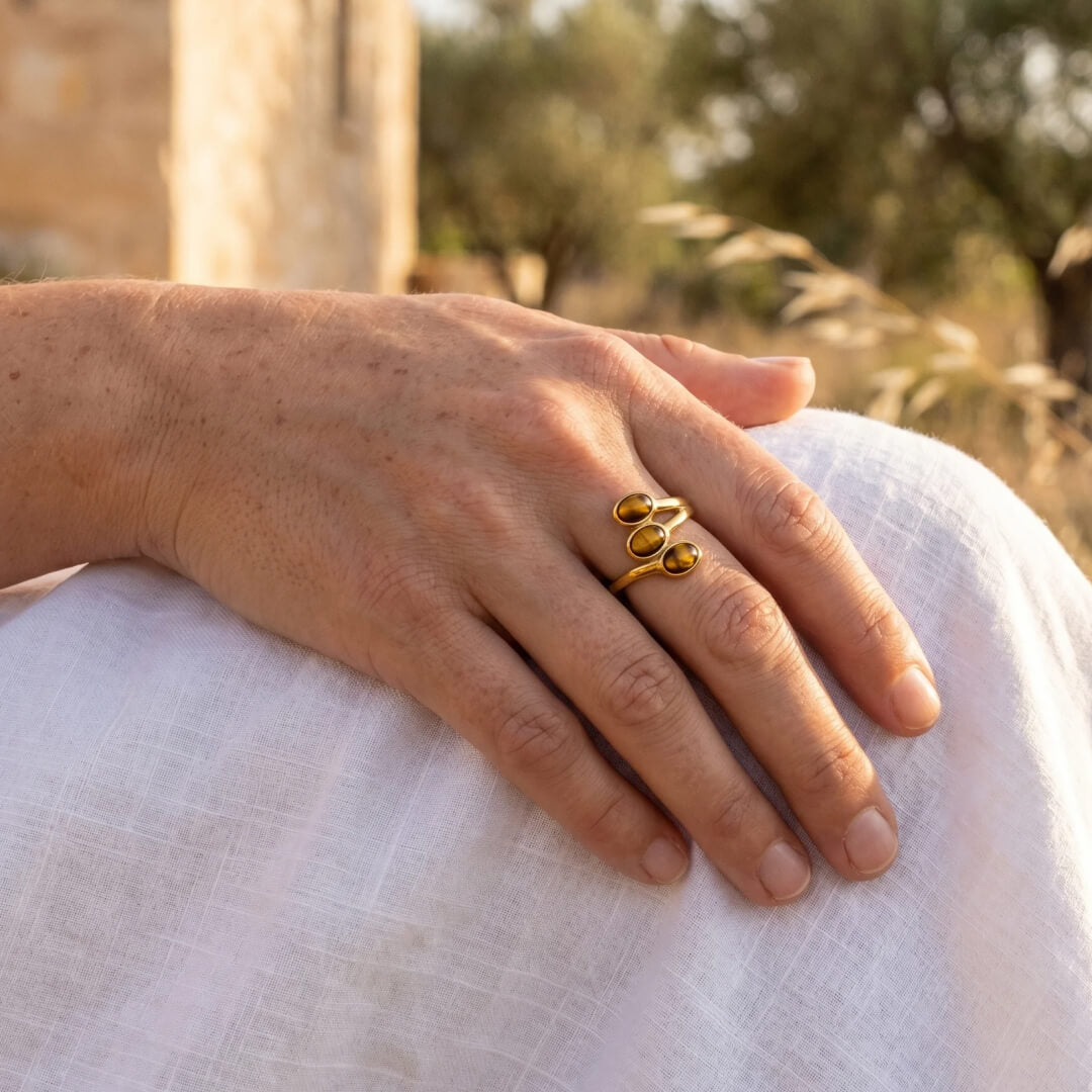 Bague “Triple Lumière” en Œil de Tigre - - L'Arbre des Chakras