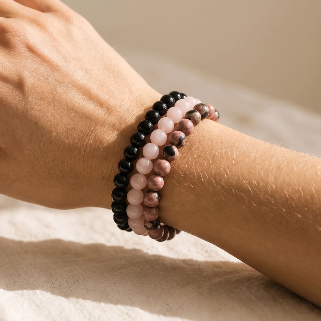 Trio de Bracelets "Paix & Équilibre" en Onyx, Quartz Rose & Rhodonite - - L'Arbre des Chakras