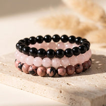 Trio de Bracelets "Paix et Equilibre" en Onyx, Quartz Rose & Rhodonite - 6mm / 17cm - L'Arbre des Chakras