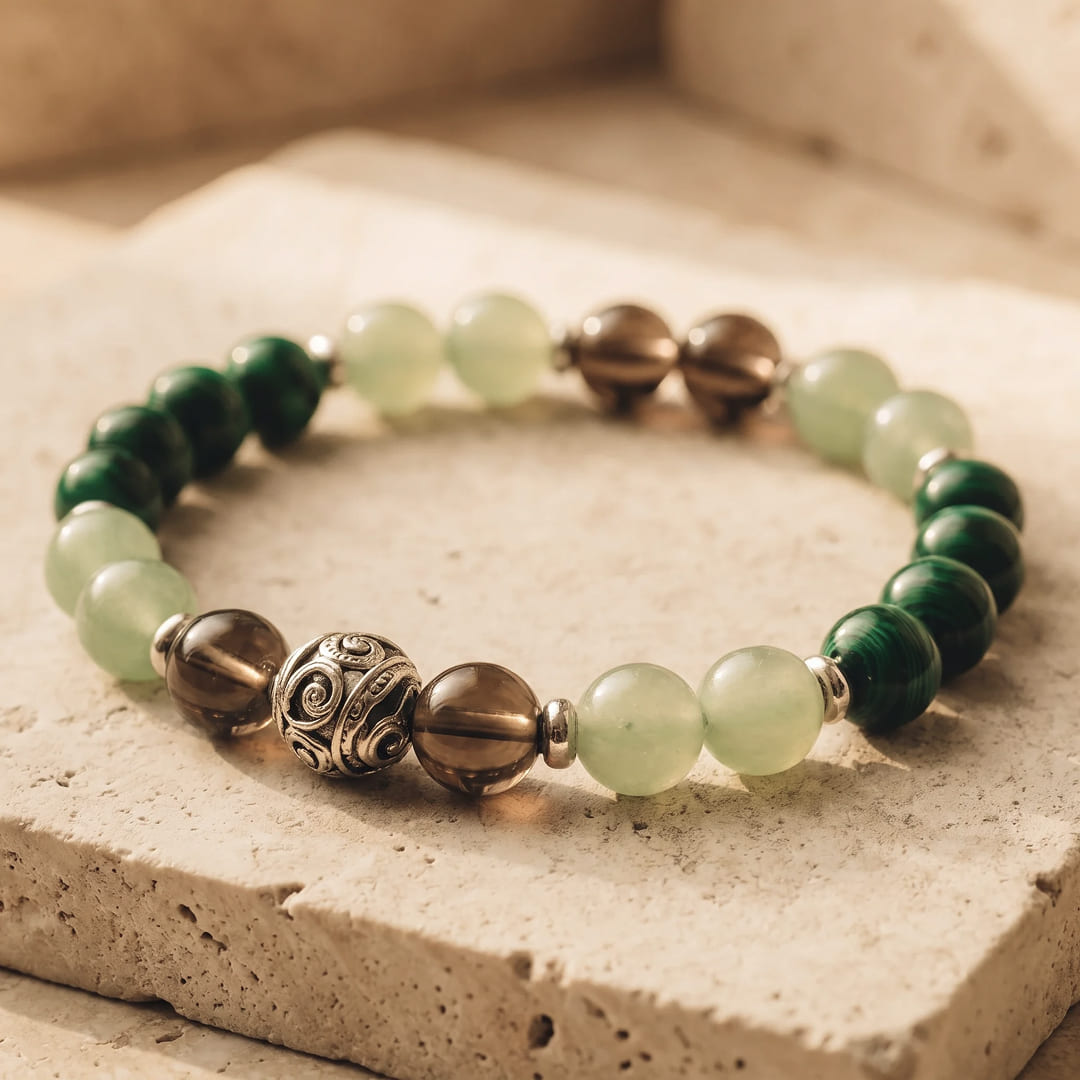 Bracelet "Chance & Protection" en Aventurine, Malachite & Quartz Fumé - - L'Arbre des Chakras