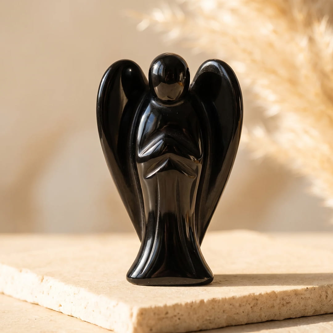 Statuette "Ange Protecteur" en Pierre Naturelle - Obsidienne Noire - L'Arbre des Chakras