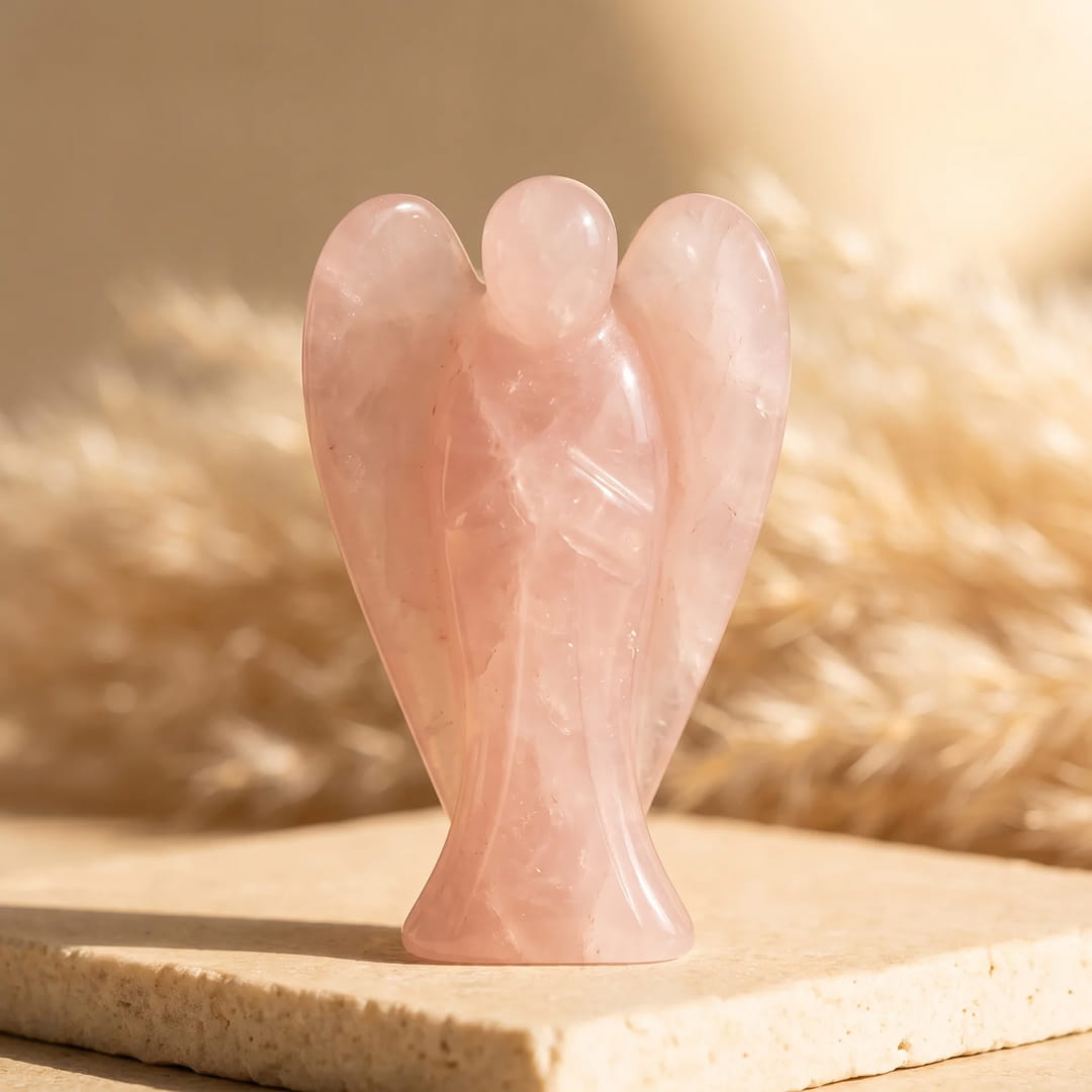 Statuette "Ange Protecteur" en Pierre Naturelle - Quartz rose - L'Arbre des Chakras