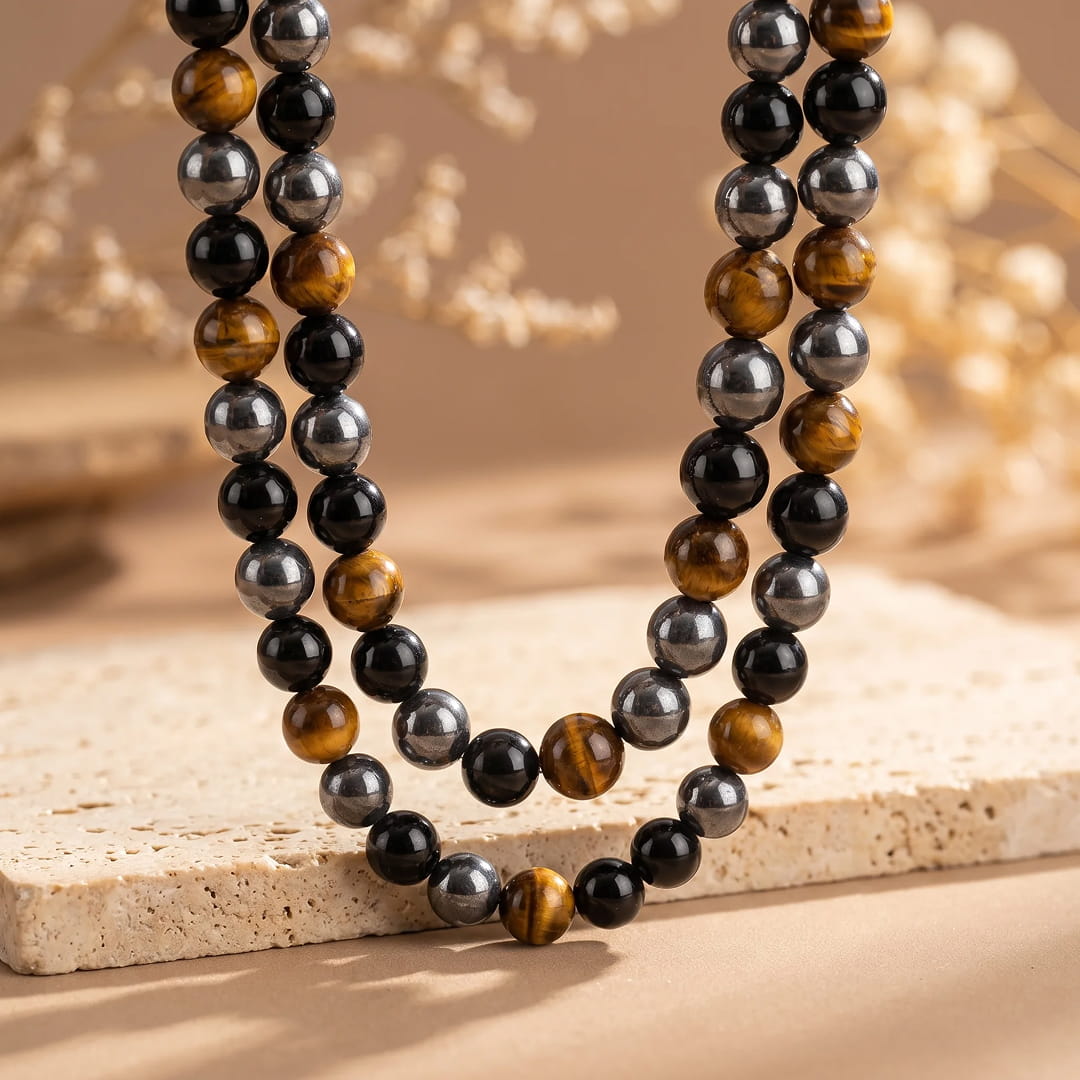 Collier "3 Protections" en Hématite, Obsidienne & Oeil de Tigre - - L'Arbre des Chakras
