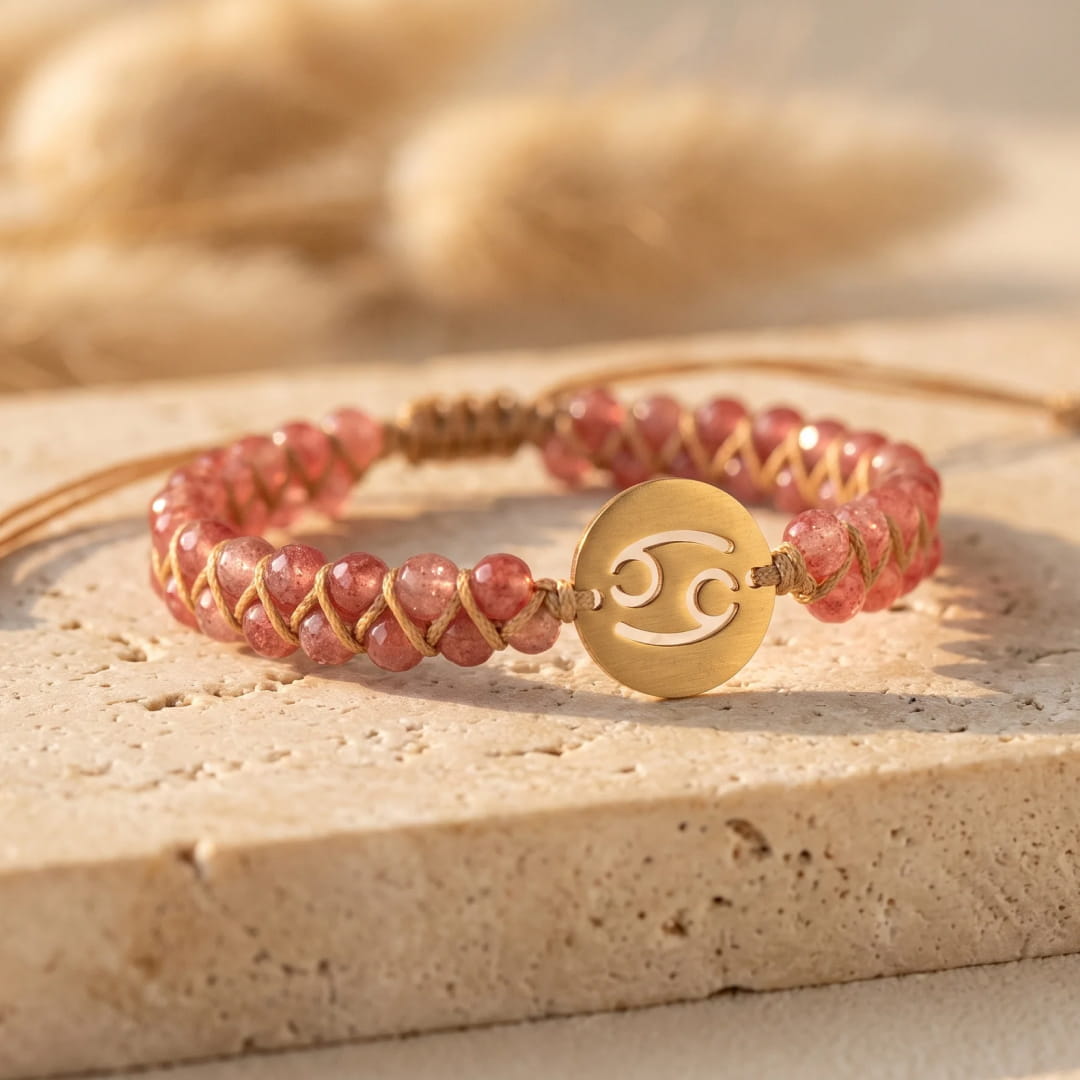 Bracelet Tressé "12 Constellations" en Pierres Naturelles - Cancer - Quartz Fraise - L'Arbre des Chakras