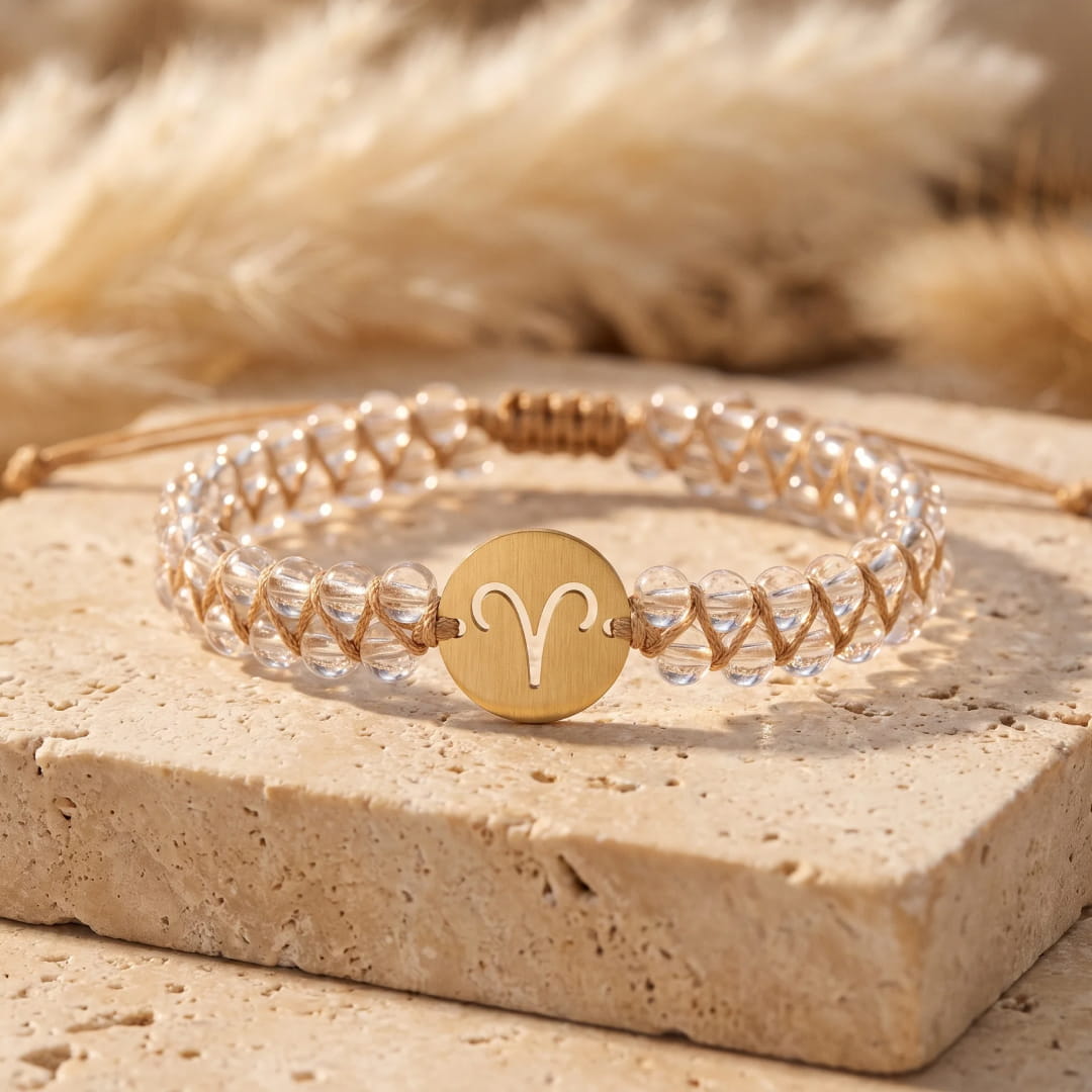 Bracelet Tressé "12 Constellations" en Pierres Naturelles - Bélier - Cristal de Roche - L'Arbre des Chakras