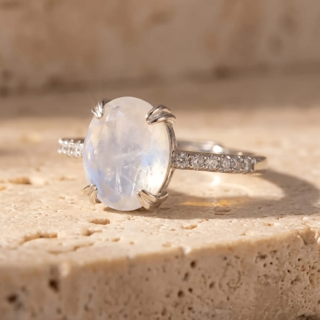 Bague Ajustable "Kirana" en Pierre de Lune & Argent - - L'Arbre des Chakras