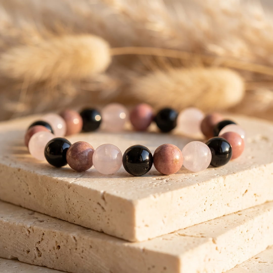 Bracelet "Accord Parfait" en Tourmaline Noire, Rhodonite & Quartz Rose - 17cm - L'Arbre des Chakras