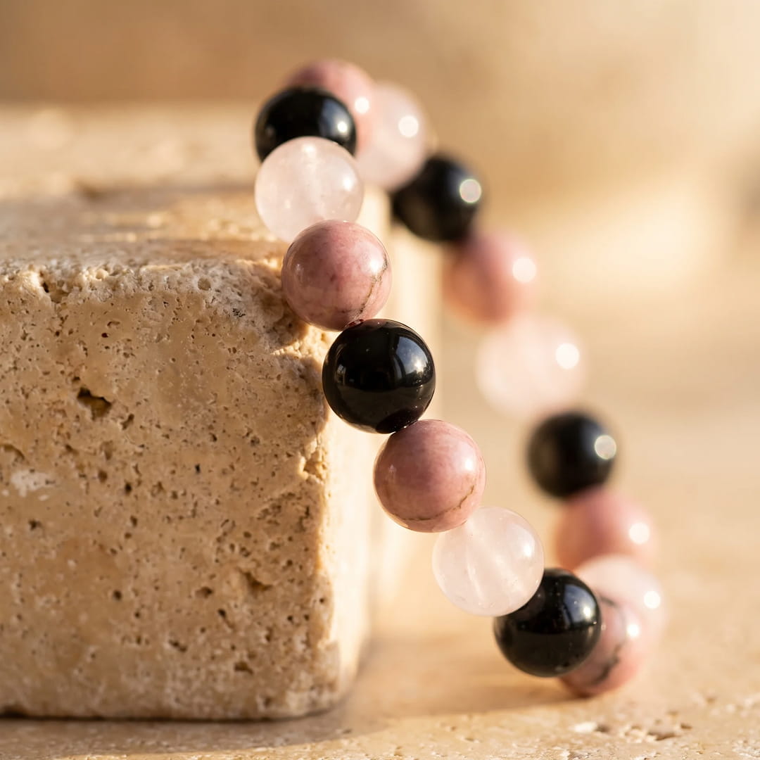 Bracelet "Accord Parfait" en Tourmaline Noire, Rhodonite & Quartz Rose - - L'Arbre des Chakras