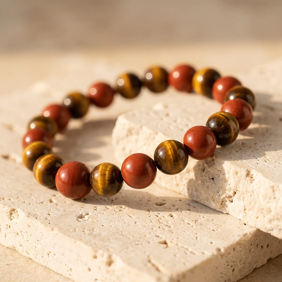 Bracelet "Ancrage Protecteur" Oeil de Tigre & Jaspe Rouge - - L'Arbre des Chakras