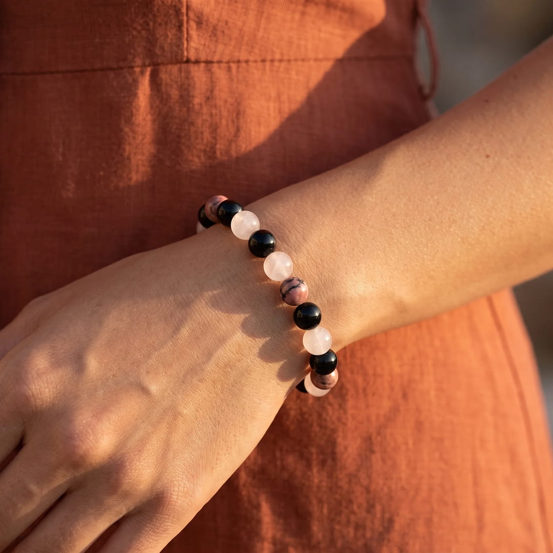 Bracelet "Accord Parfait" en Tourmaline Noire, Rhodonite & Quartz Rose - - L'Arbre des Chakras