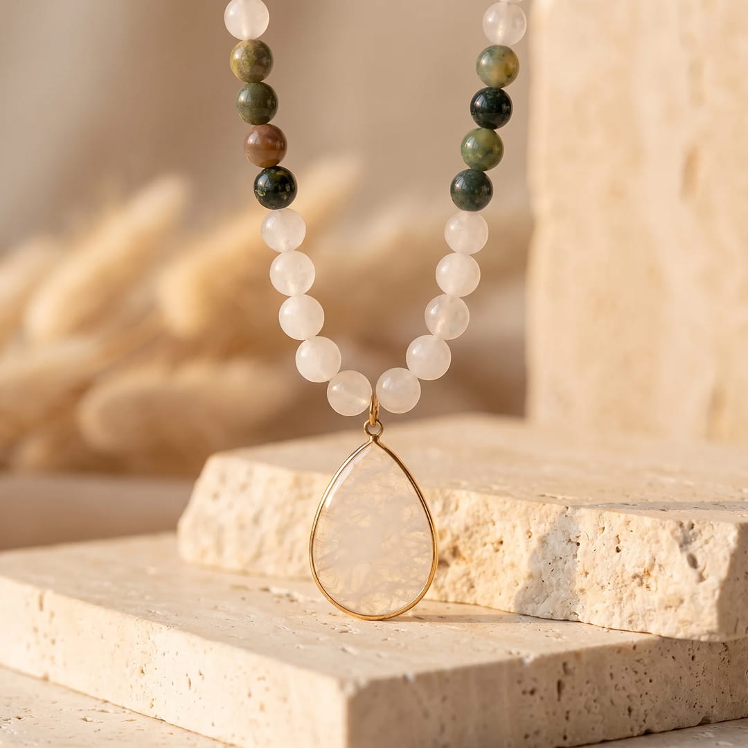 Collier Mala Agate Indienne, Quartz Blanc - - L'Arbre des Chakras