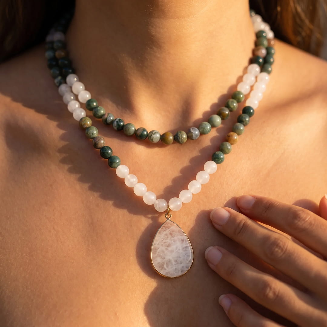 Collier Mala Agate Indienne, Quartz Blanc - - L'Arbre des Chakras