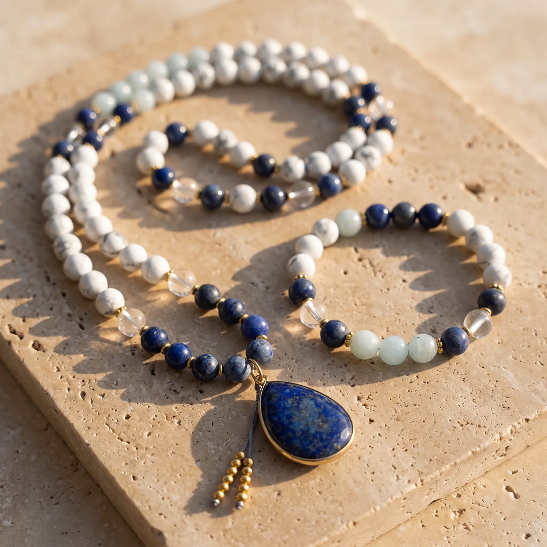 Collier Mala "Sérénité Bleue" en Lapis-Lazuli, Aigue-Marine & Howlite - Collier + Bracelet - L'Arbre des Chakras