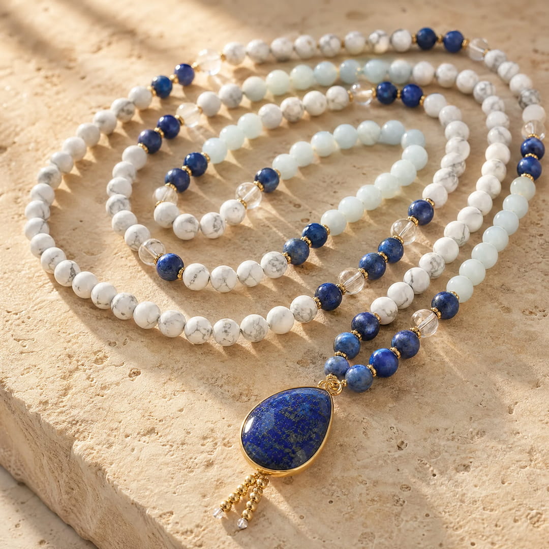 Collier Mala "Sérénité Bleue" en Lapis-Lazuli, Aigue-Marine & Howlite - Collier seul - L'Arbre des Chakras