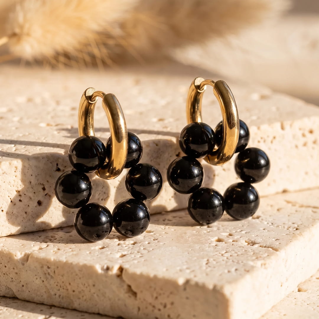 Créoles "Fleur de Lumière" en Pierres Naturelles - Onyx Noire - L'Arbre des Chakras