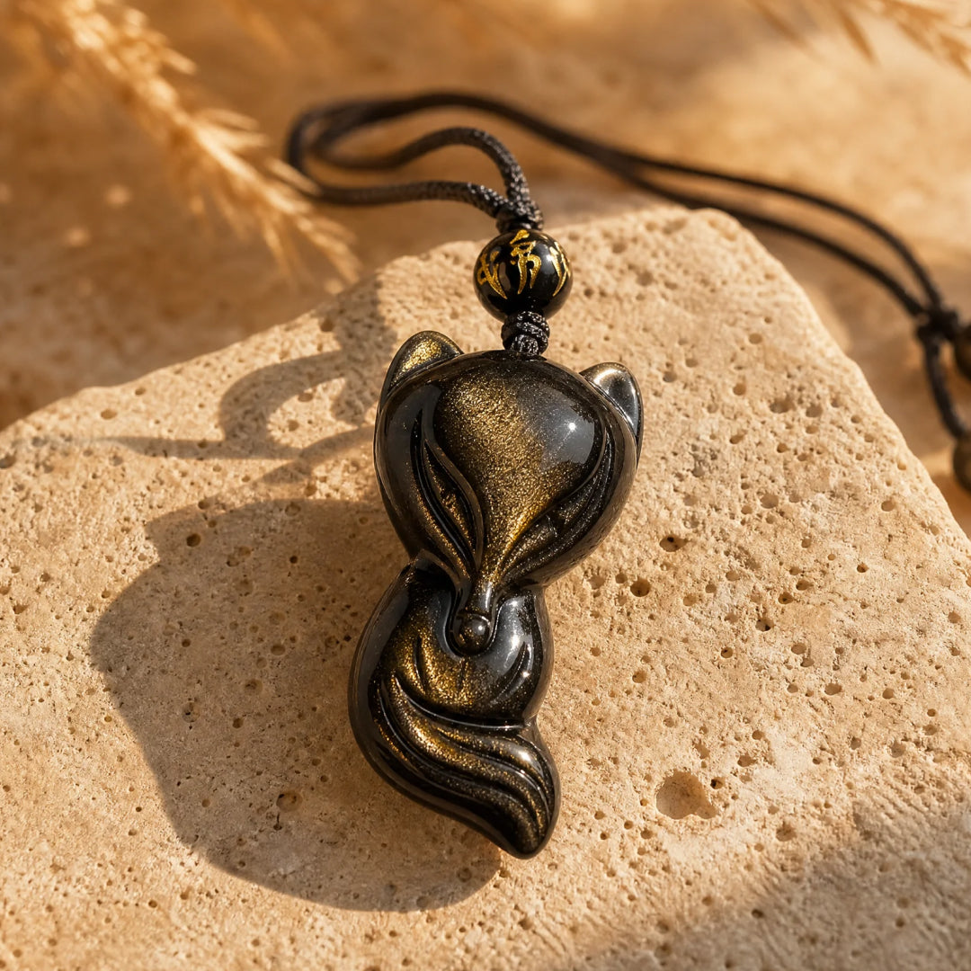 Pendentif "Renard Sage" en Obsidienne Dorée - - L'Arbre des Chakras