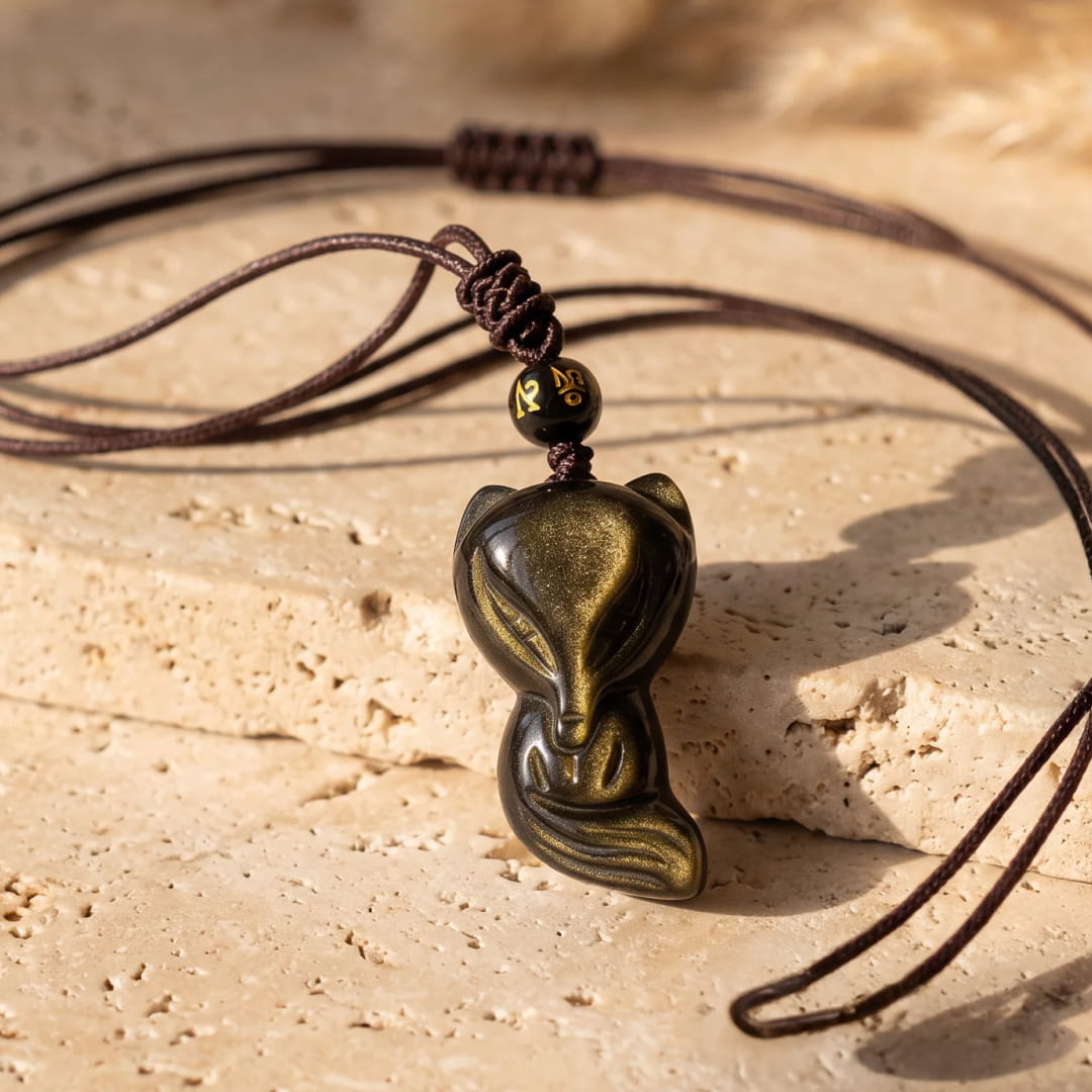 Pendentif "Renard Sage" en Obsidienne Dorée - Corde - L'Arbre des Chakras