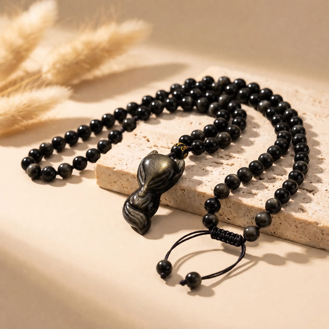 Pendentif "Renard Sage" en Obsidienne Dorée - Perles - L'Arbre des Chakras
