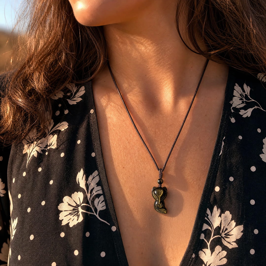 Pendentif "Renard Sage" en Obsidienne Dorée - - L'Arbre des Chakras