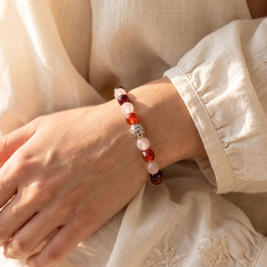 Bracelet Premium "Force du Cœur" en Grenat, Quartz Rose & Cornaline - - L'Arbre des Chakras
