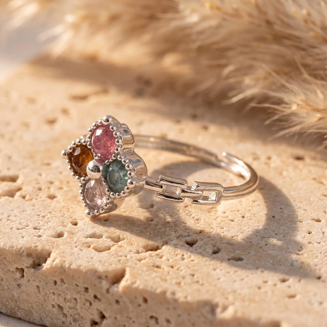 Bague Ajustable Trèfle en Tourmaline multicolore - - L'Arbre des Chakras
