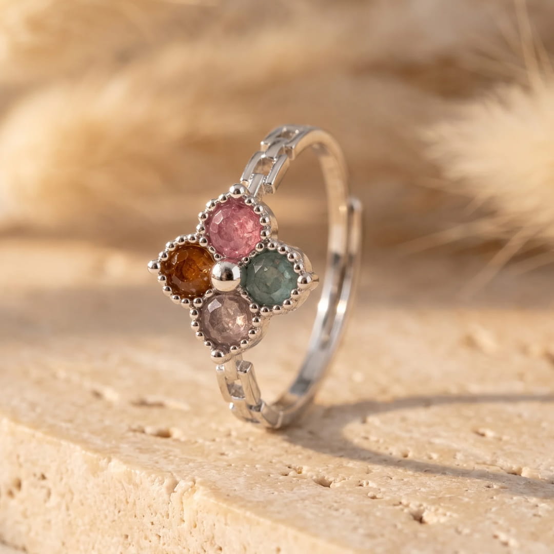 Bague Ajustable Trèfle en Tourmaline multicolore - - L'Arbre des Chakras