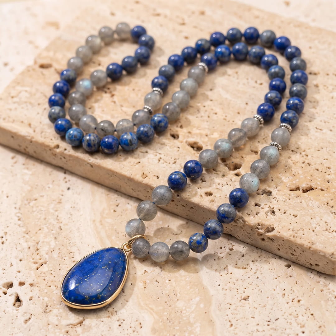 Collier Mala "Ancrage Céleste" en Lapis Lazuli & Labradorite - Collier Seul - L'Arbre des Chakras