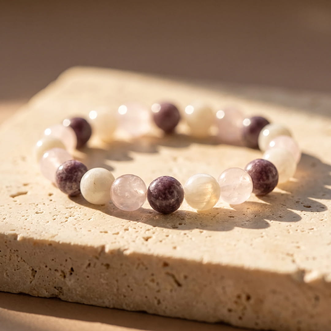 Bracelet "Douceur Céleste" en Pierre de Lune, Quartz Rose et Lépidolite - 17cm - L'Arbre des Chakras