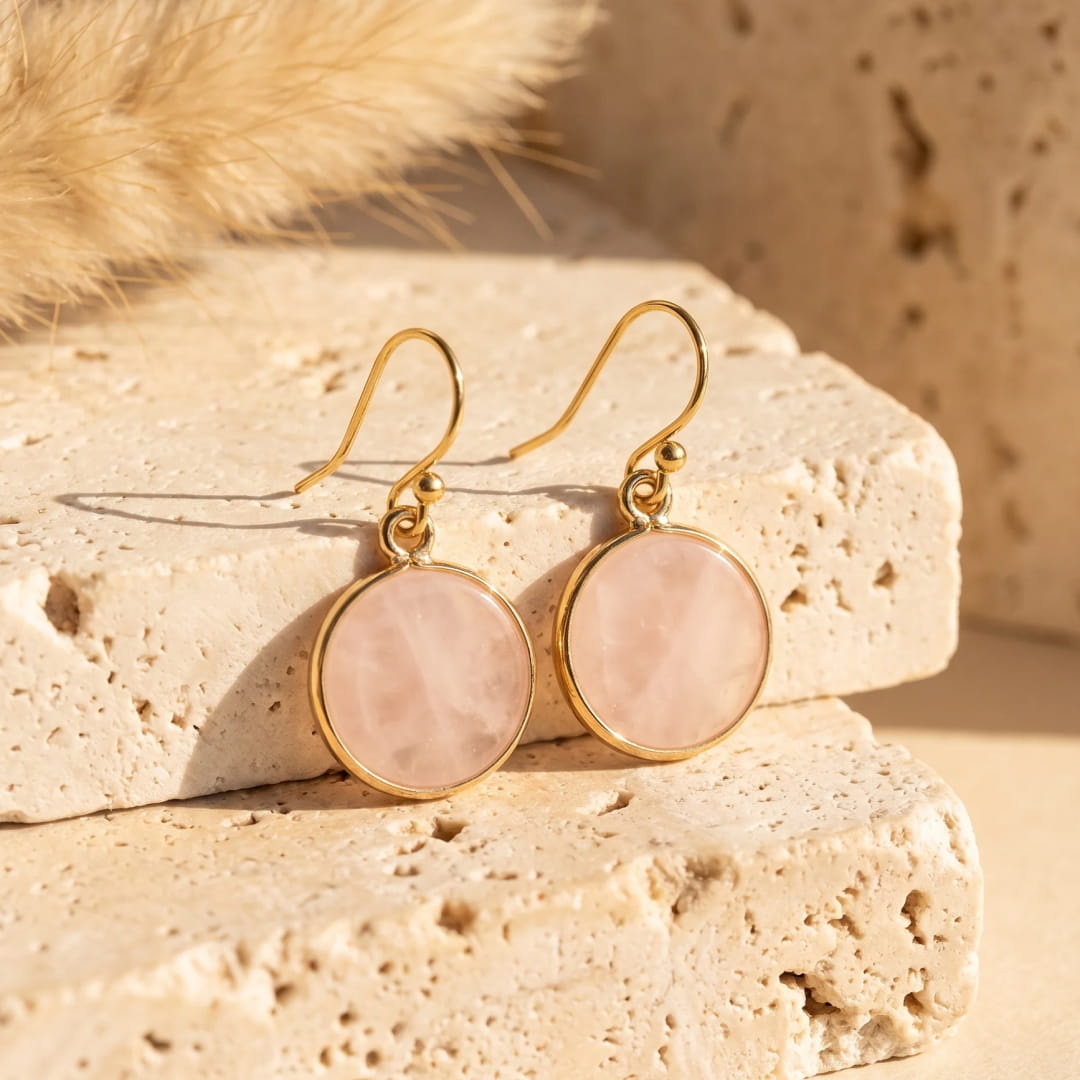 Boucles d’Oreilles "Cercle Élégant" en Pierres naturelles - Quartz Rose - L'Arbre des Chakras
