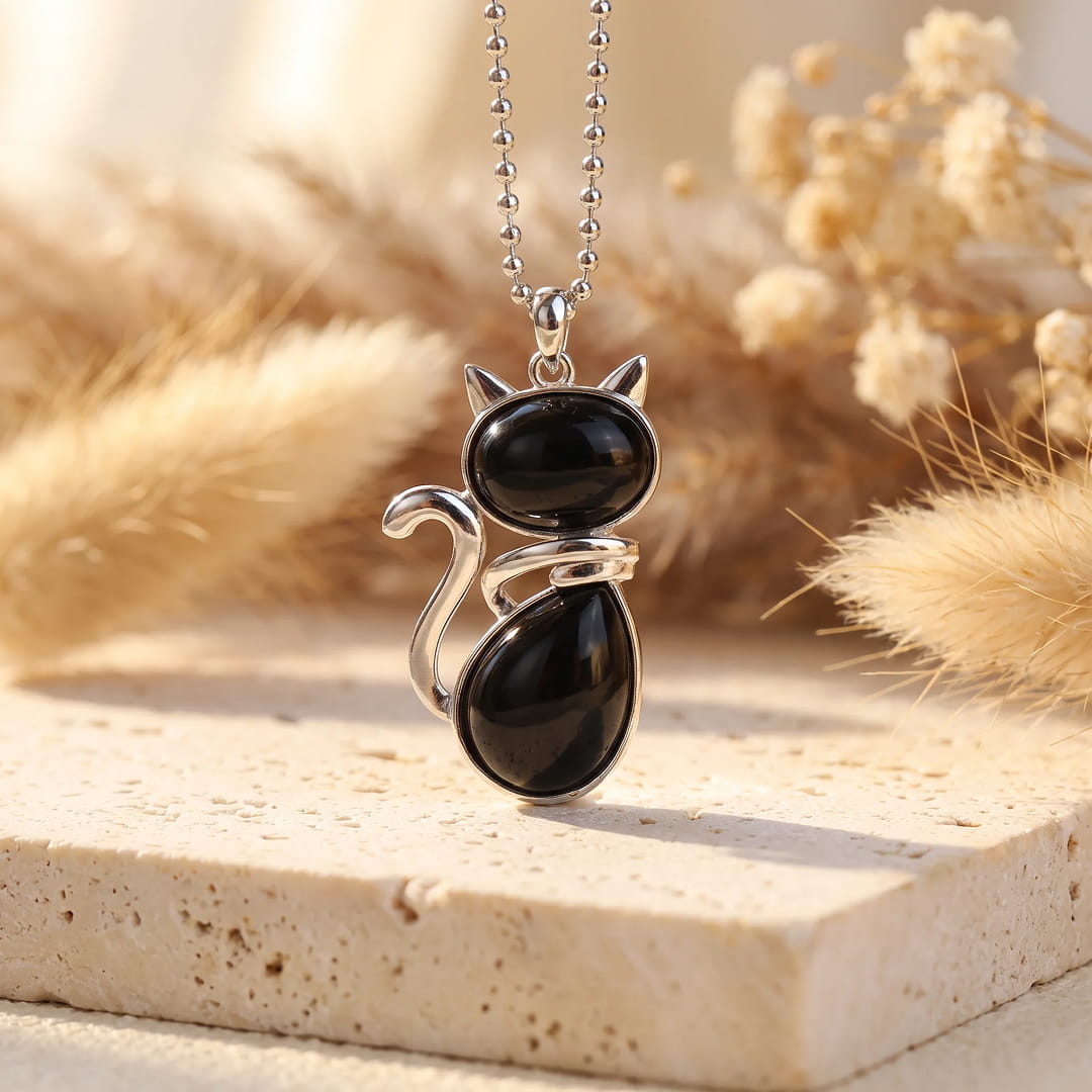 Pendentif Chat en Pierre Naturelle - Agate Noire - L'Arbre des Chakras