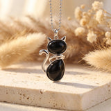 Pendentif Chat en Pierre Naturelle - Agate Noire - L'Arbre des Chakras