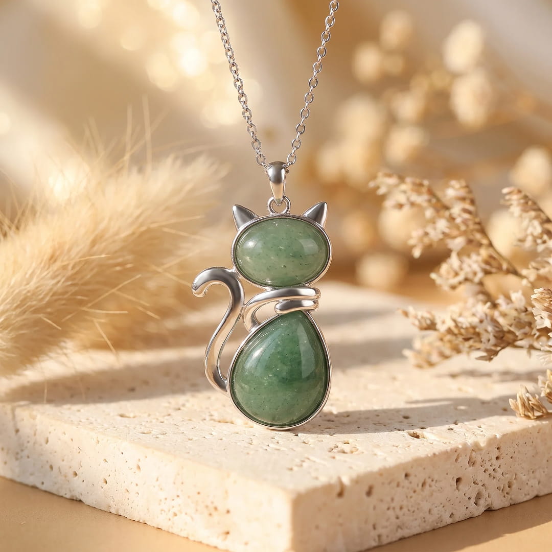 Pendentif Chat en Pierre Naturelle - Aventurine Verte - L'Arbre des Chakras